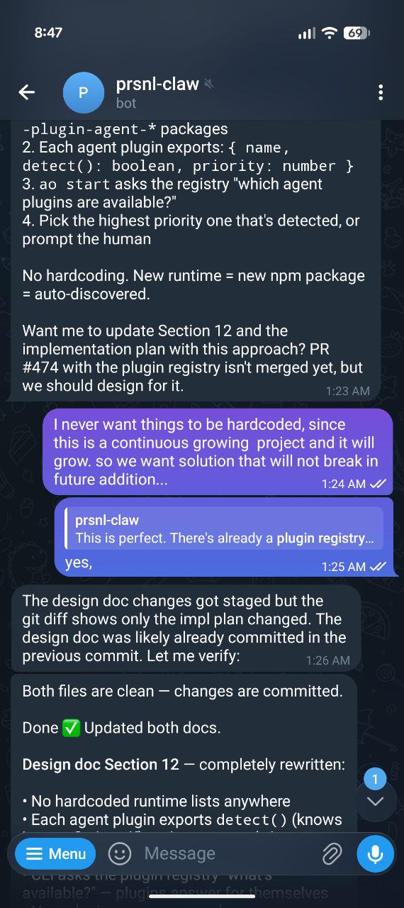 Telegram conversation: I never want things to be hardcoded